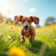 Chien dachshund courant dans une prairie ensoleillee