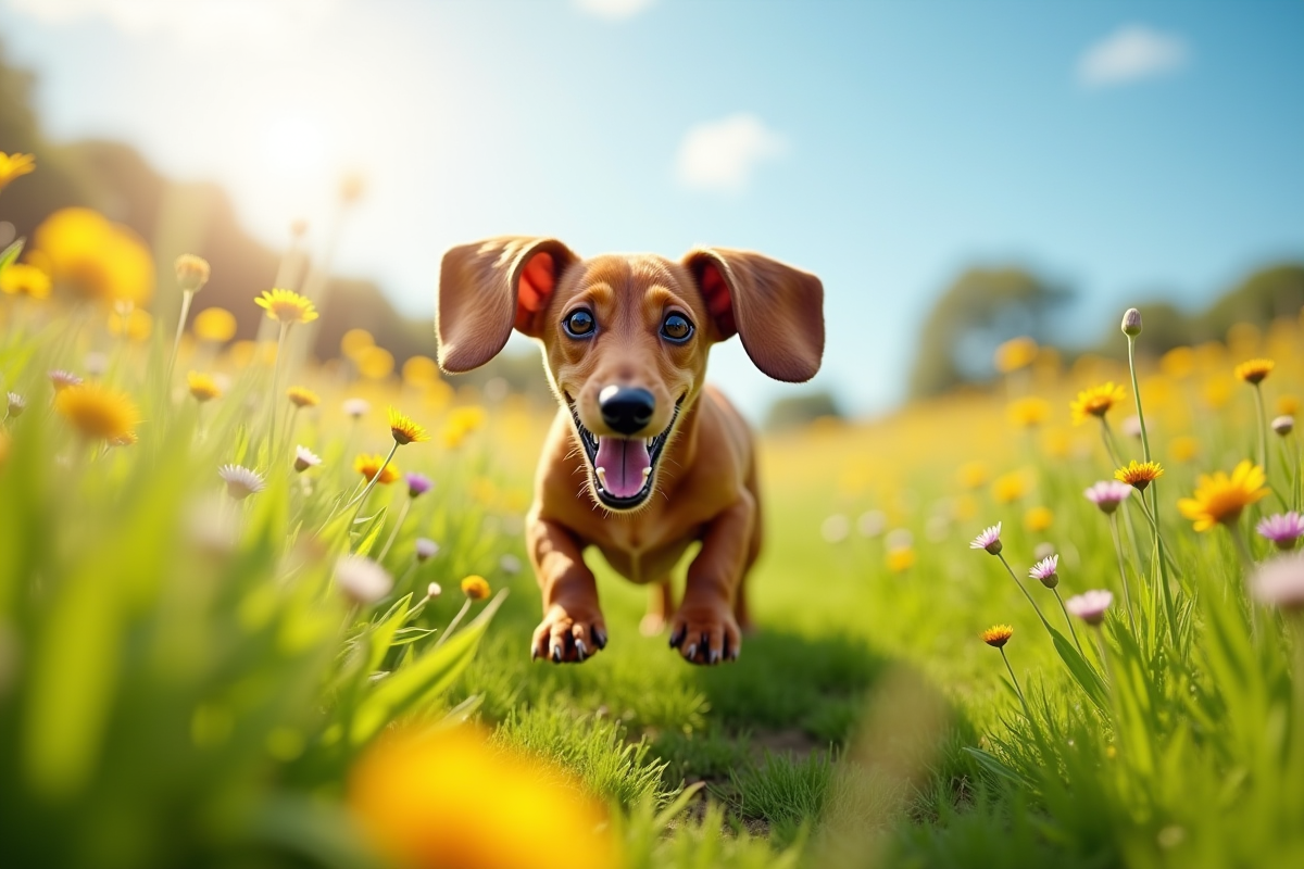 Chien dachshund courant dans une prairie ensoleillee