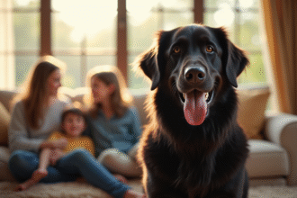 Chien retriever noir dans un salon ensoleille