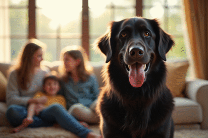 Chien retriever noir dans un salon ensoleille