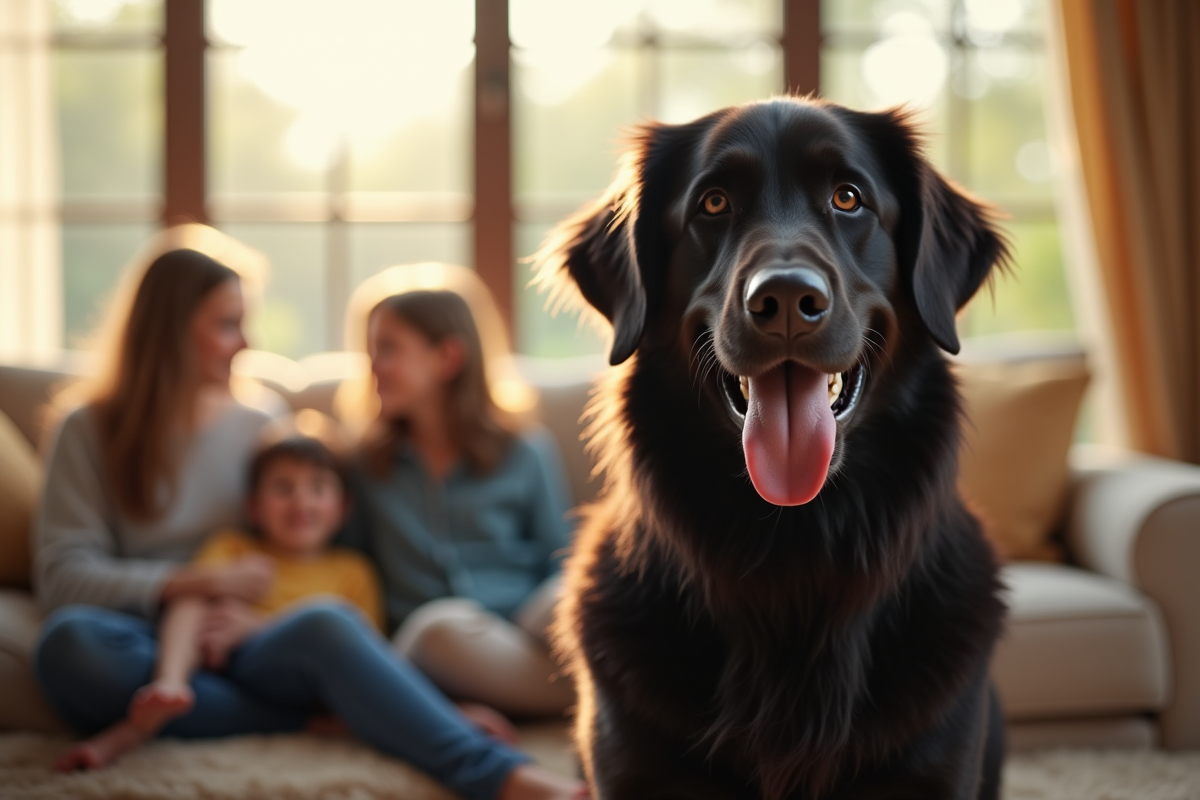 Chien retriever noir dans un salon ensoleille