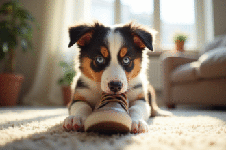 Chiot Australian Shepherd mordant chaussure dans salon lumineux
