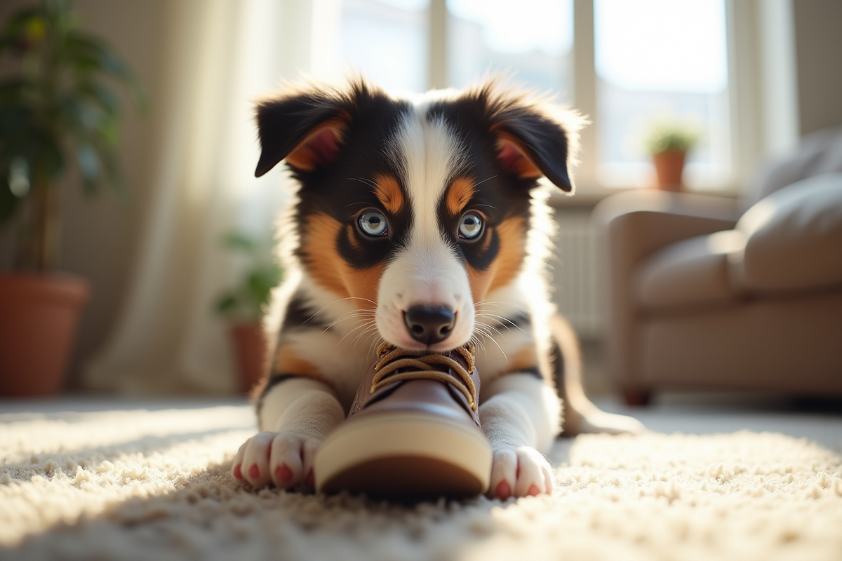 Chiot Australian Shepherd mordant chaussure dans salon lumineux
