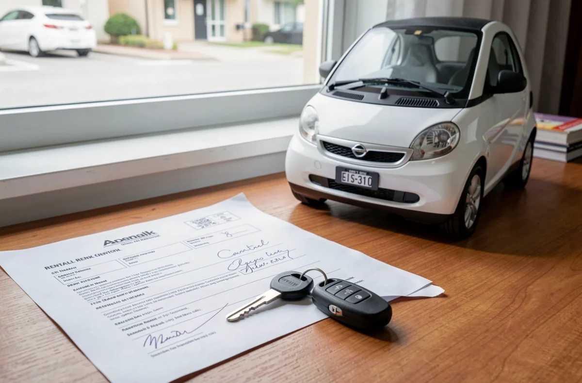 Clé de voiture et contrat de location posés sur un bureau