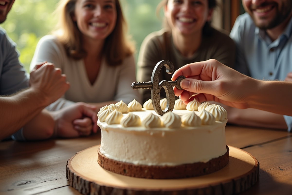 Mains tenant une clé en fer gravée et un gâteau décoré du chiffre 6