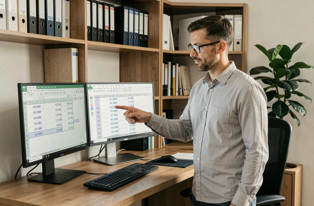 Gestionnaire de paie comparant le format centième d'heure et le format HH:MM sur un double écran de bureau