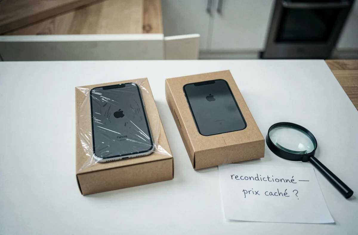 Comparaison côte à côte d'un iPhone 15 neuf et d'un iPhone 15 reconditionné avec emballage générique, rayures visibles et note manuscrite sur les prix cachés