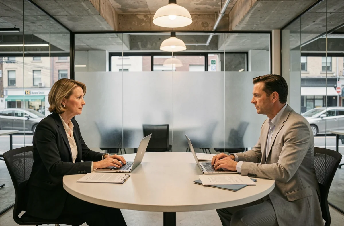 Comparaison entre deux options juridiques, notaire et avocat, lors d'une discussion professionnelle autour d'une table de réunion