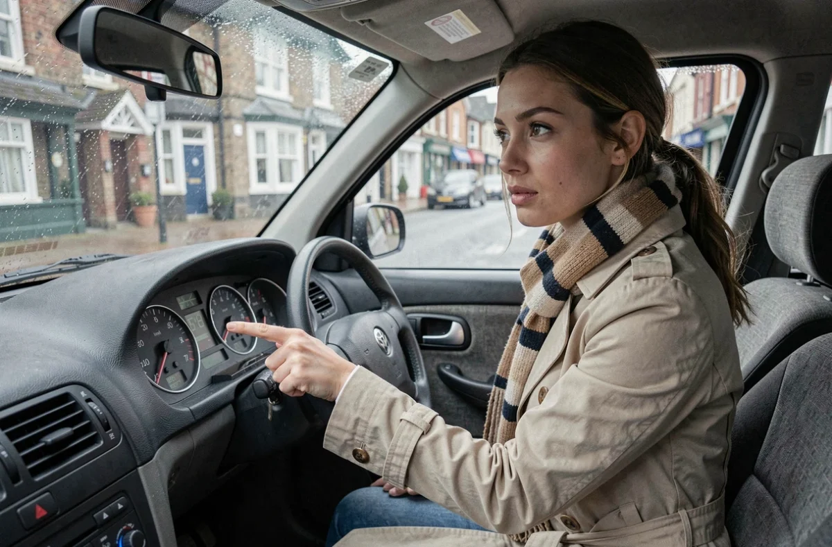 Femme voyageuse pointant le compteur de vitesse en mph et kmh dans une voiture de location au Royaume-Uni
