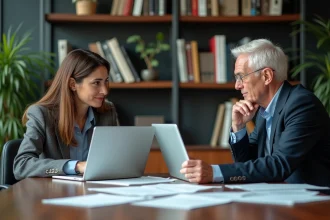 Deux professionnels en réunion dans un bureau moderne
