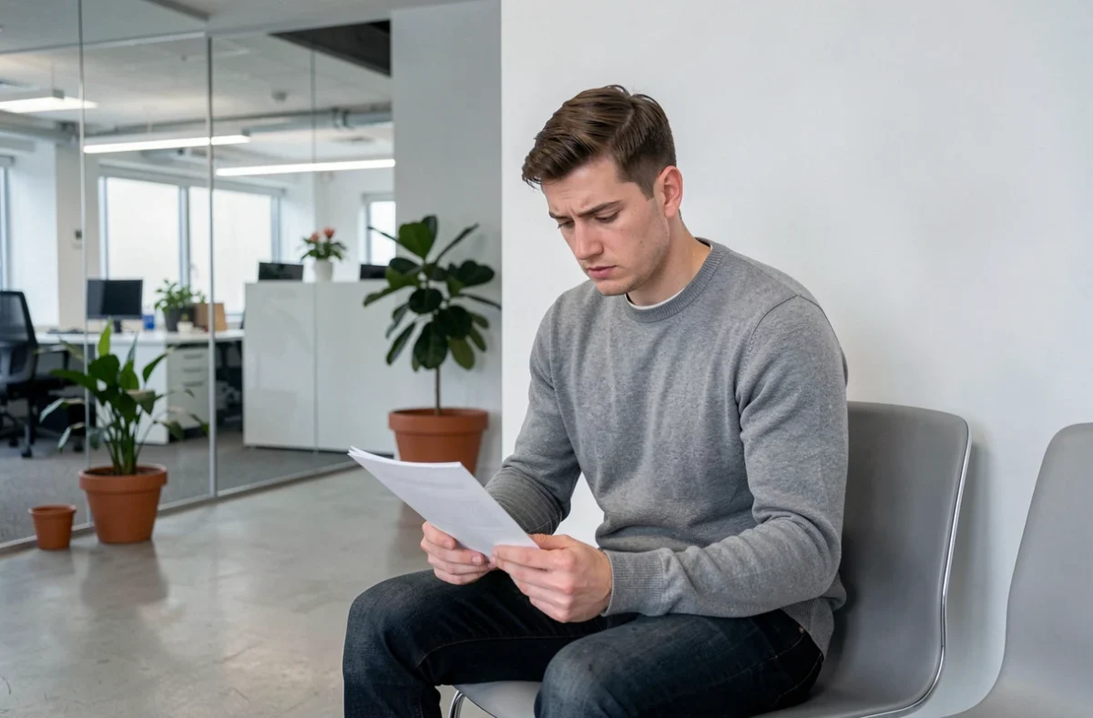 Jeune homme qui attend une consultation avec un avocat payant dans un cabinet juridique moderne