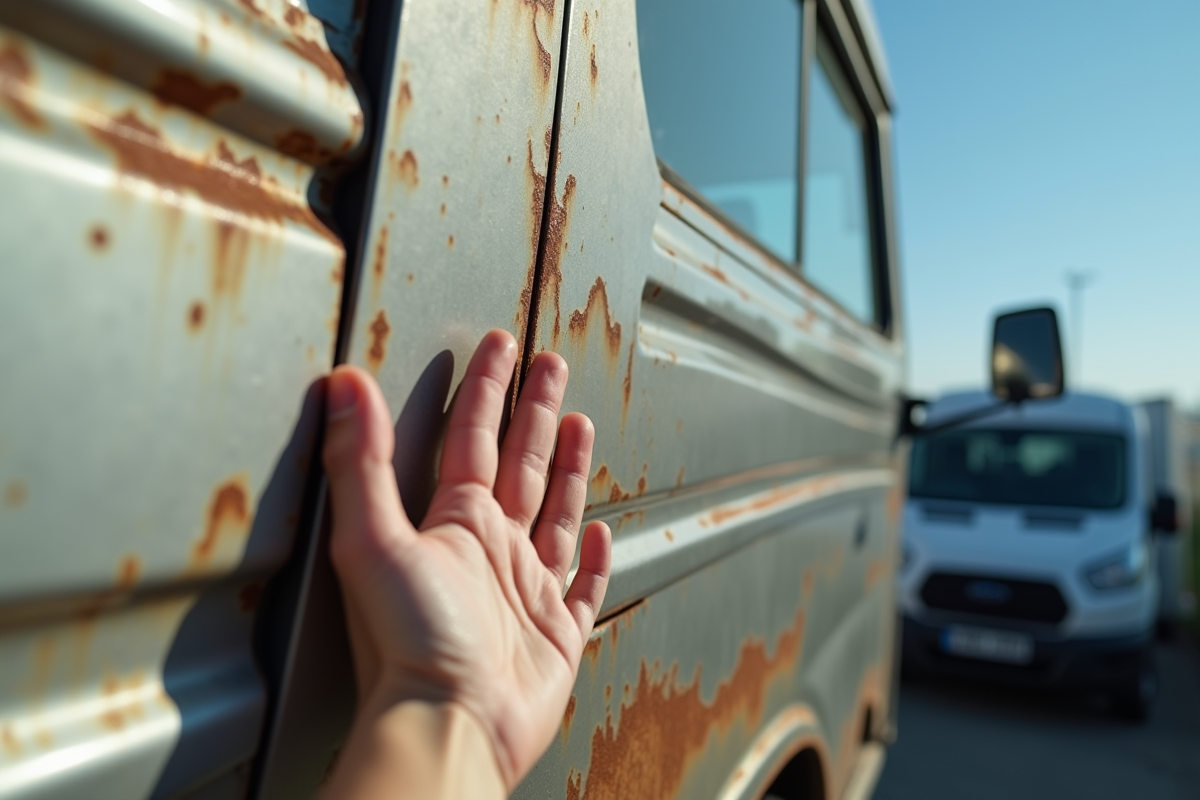 Main touchant la carrosserie d un van de livraison usé