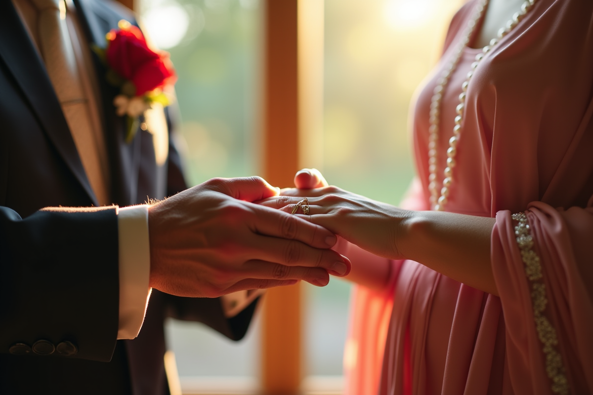 Couple d'âge moyen échangeant des alliances lors d'une cérémonie
