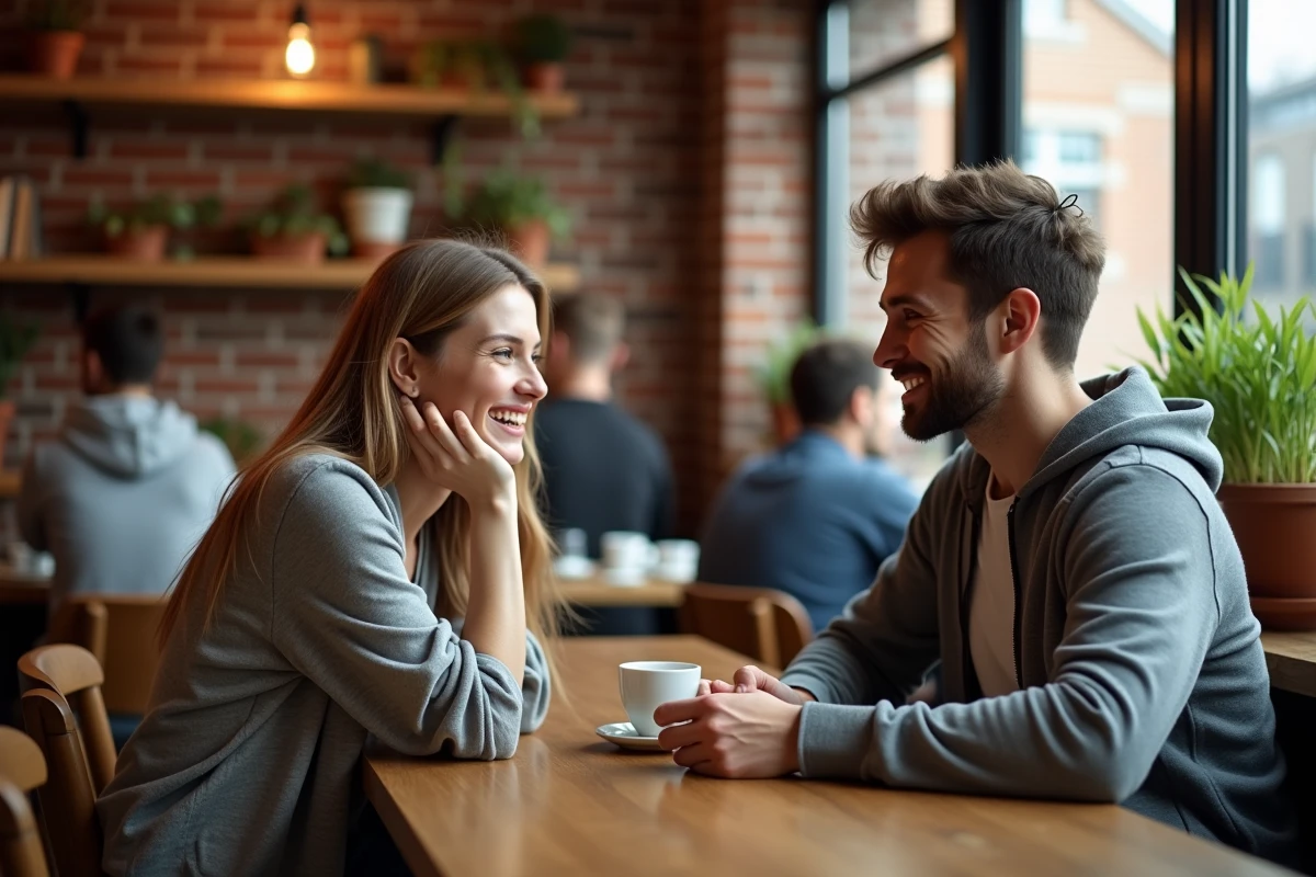 Couple dans un café illustrant le décalage émotionnel entre deux personnes, une femme souriante et un homme distant, symbole d'amour non réciproque