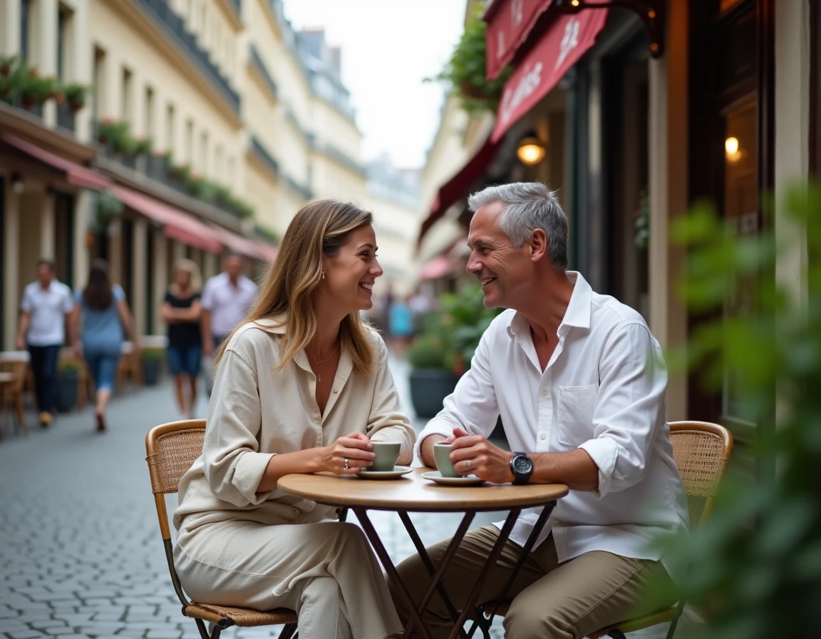 Couple partageant un moment complice en terrasse de café sur une rue pavée parisienne entourée d'immeubles haussmanniens