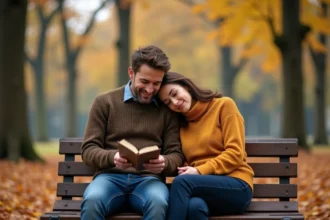 Couple complice sur un banc en bois dans un parc automnal, partageant des mots de confiance en amour écrits dans un carnet