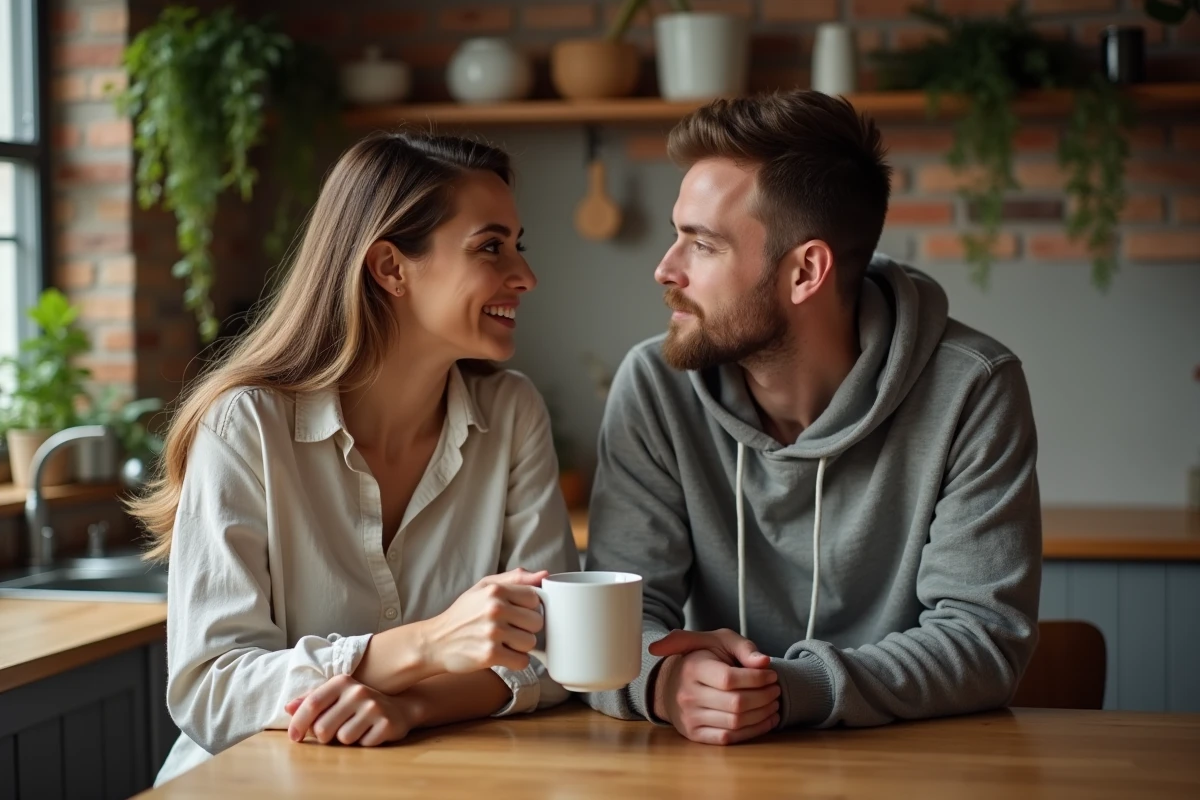 Couple partageant un moment de confiance et d'écoute dans une cuisine chaleureuse, illustrant la communication en amour