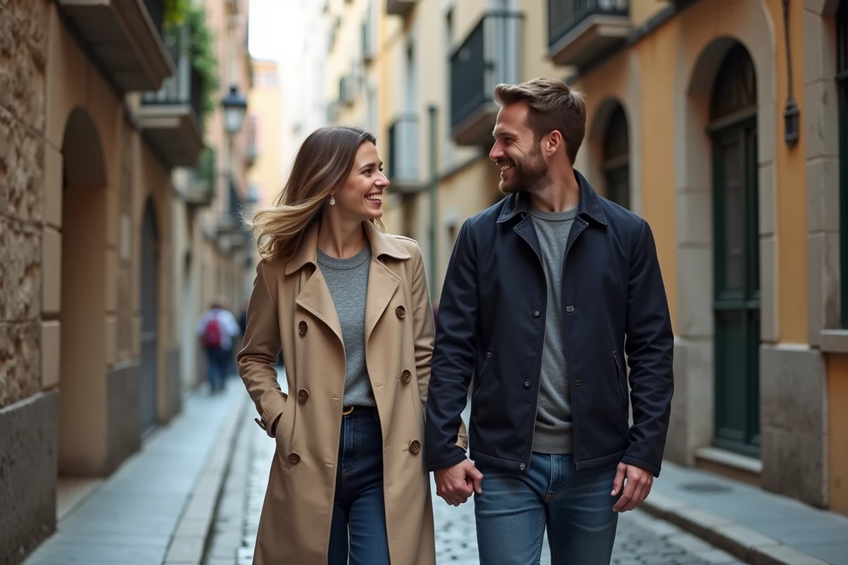 Couple main dans la main marchant dans une rue pavée de ville européenne, symbole de confiance et de complicité amoureuse