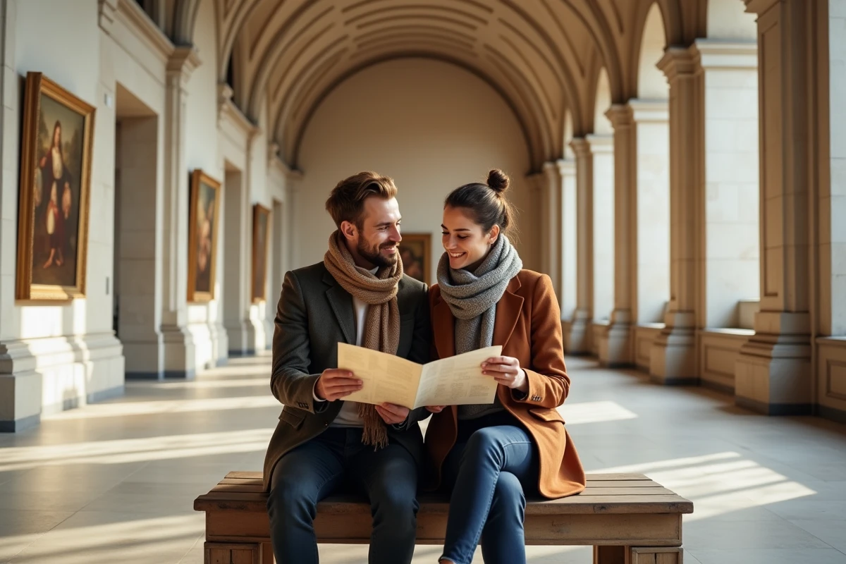 Couple consultant un plan dans une grande salle de musée européen presque déserte avec des peintures célèbres