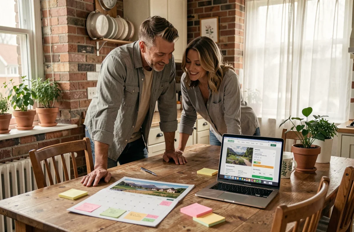 Couple planifiant leurs vacances autour des jours fériés avec un calendrier papier et un ordinateur portable sur une table en bois