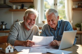 Couple senior souriant à la maison avec documents et ordinateur
