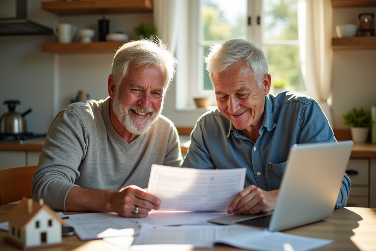 Couple senior souriant à la maison avec documents et ordinateur