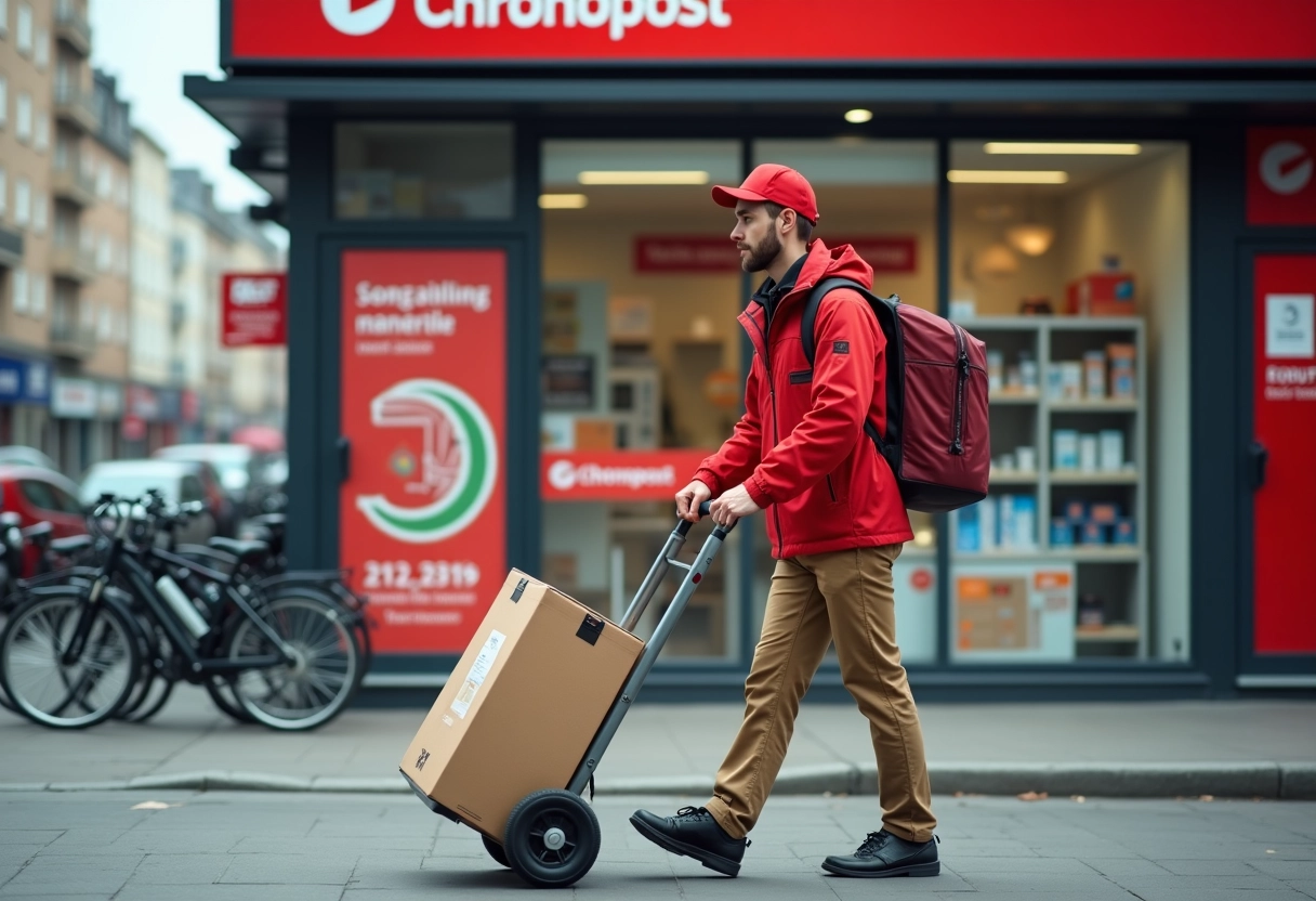 Jeune livreur chargeant un colis devant un magasin