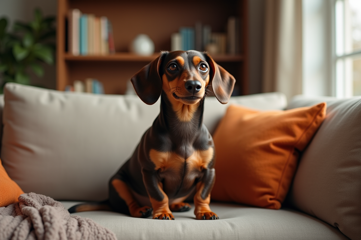 Dachshund assis fièrement dans un salon chaleureux