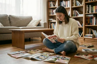 Jeune femme découvrant sa première collection de mangas Epsilon posés sur un parquet en bois, ambiance cosy d'appartement