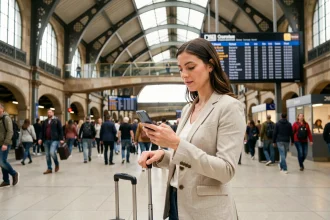 Femme vérifiant son téléphone dans une gare bondée avec une valise, planifiant un départ pendant un jour férié pour économiser sur les billets de train