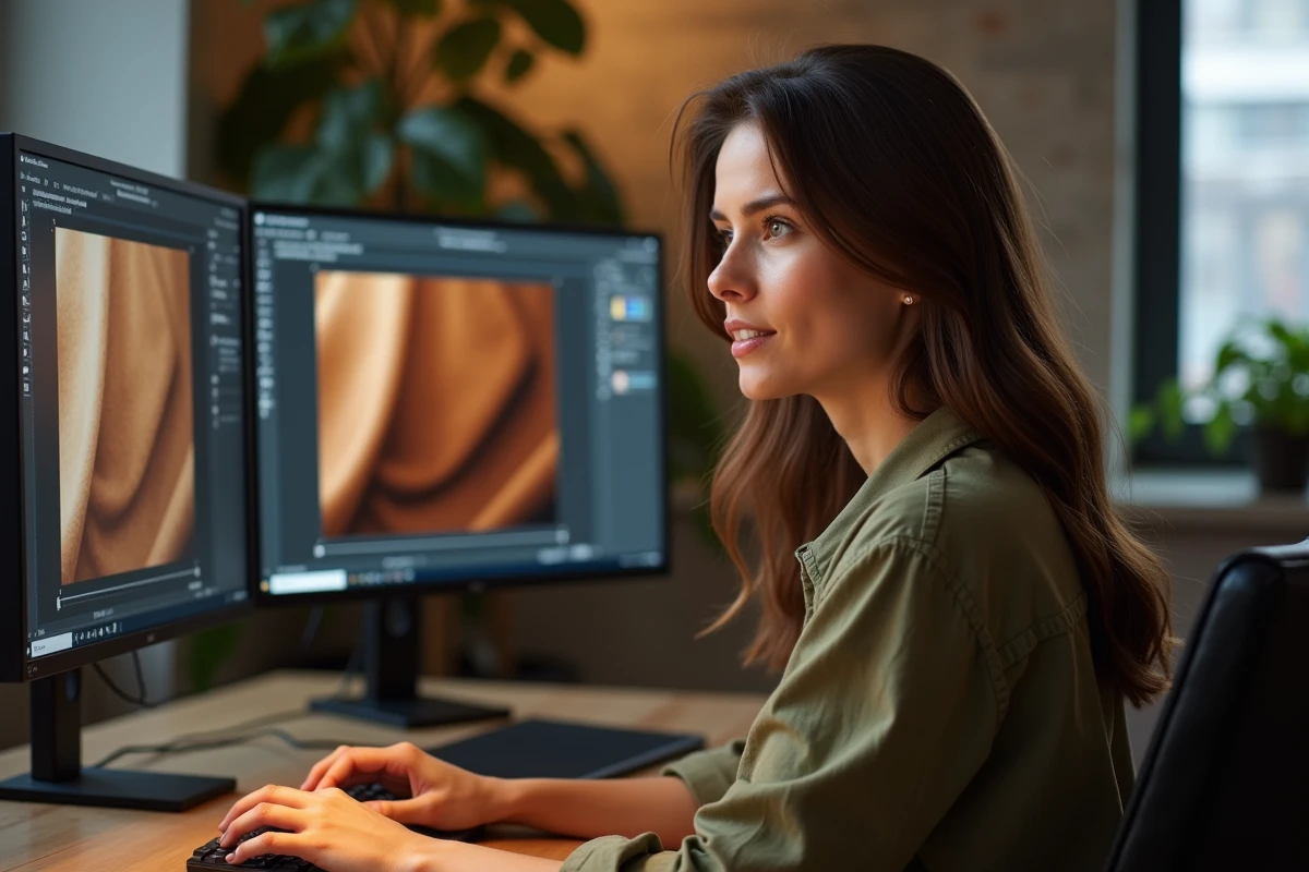 Designer graphique corrigeant une couleur marron trop grise sur logiciel de retouche, comparaison avant-après sur écran