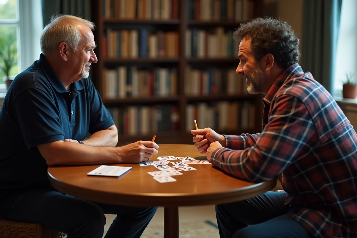Deux hommes jouant une partie de belote à 2 joueurs autour d'une table ronde avec cartes et bloc-scores, tutoriel belote débutant