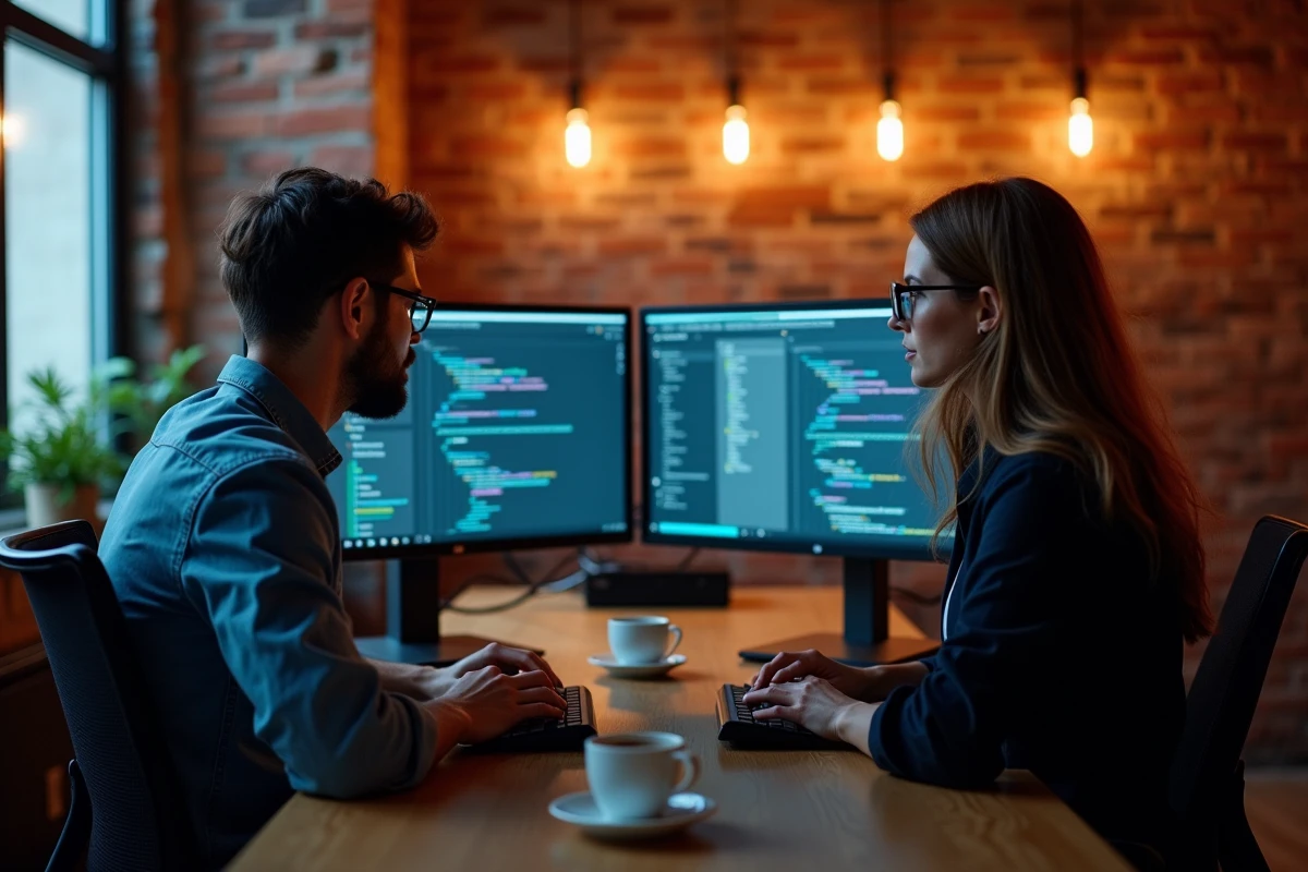 Deux développeurs comparant des plateformes logicielles pour évaluer la migration vers un nouvel outil compétitif dans un espace coworking