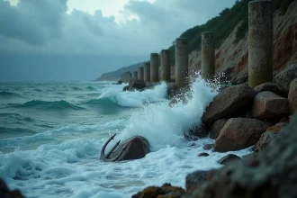 Paysage marin dramatique avec colonnes antiques submergées et trident en bronze sur une côte méditerranéenne rocheuse et tempétueuse