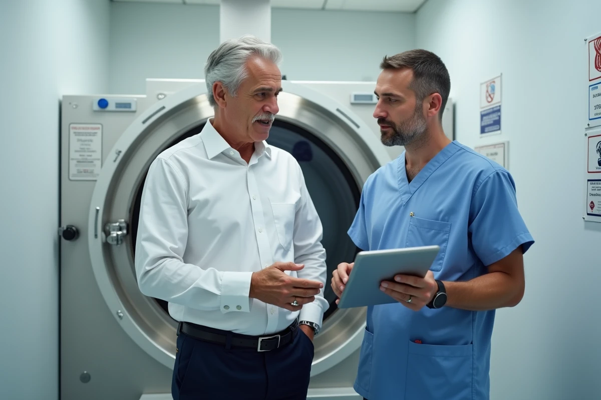 Dirigeant d'entreprise rassuré par un technicien hyperbare certifié devant un caisson hyperbare dans un centre de santé au travail