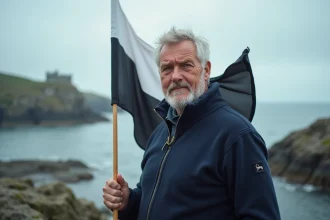 Homme breton tenant le drapeau breton Gwenn-ha-du sur la côte bretonne avec rochers en granit et mer en fond