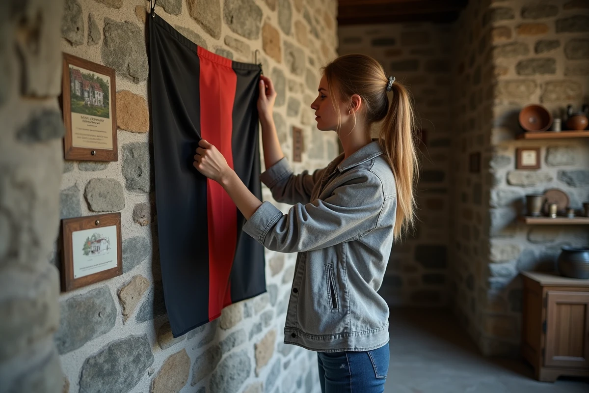 Jeune femme accrochant le drapeau breton Gwenn-ha-du dans un musée du patrimoine breton aux murs en pierre