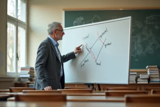 Économiste expliquant le théorème Heckscher-Ohlin sur un tableau blanc dans une salle universitaire