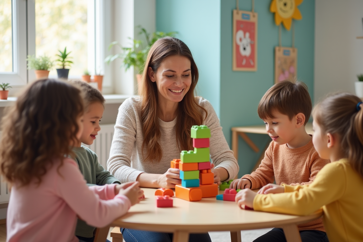 Educatrice souriante aidant des enfants à construire une tour
