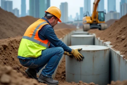 Ingénieur de construction à côté d'une fondation en béton