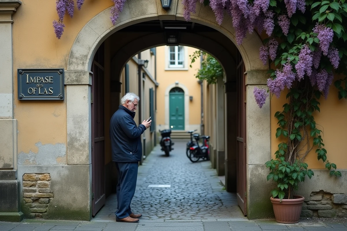 Entrée d'une impasse des Lilas avec arc en pierre et plaque gravée, homme consultant son téléphone pour s'orienter
