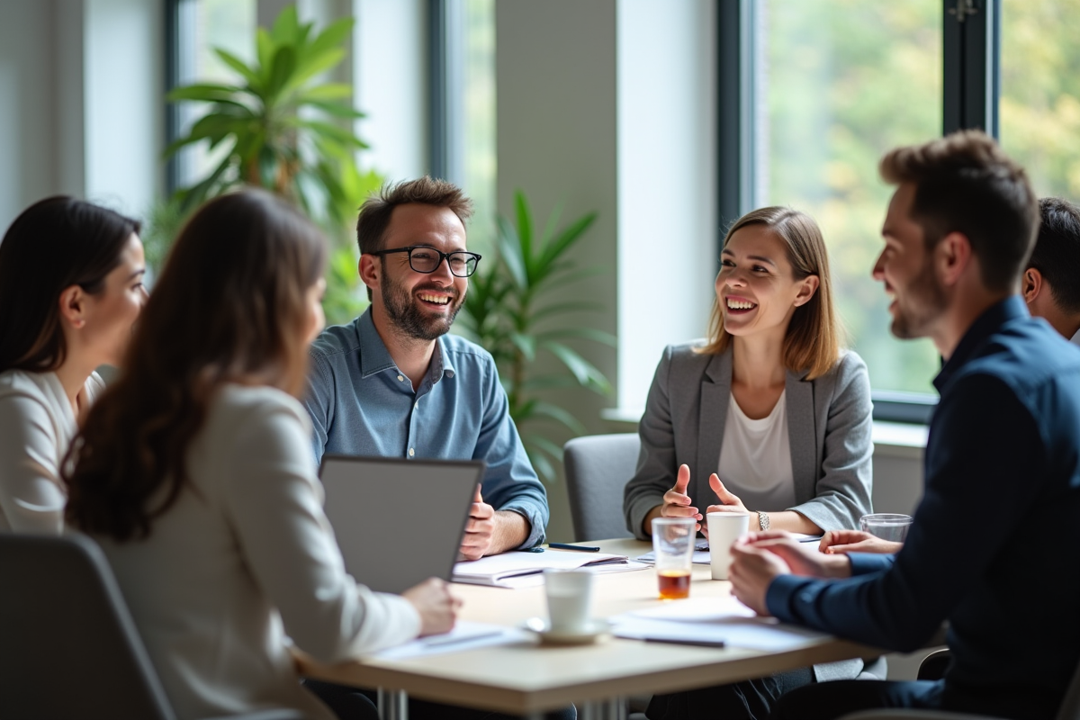Groupe de collègues divers discutant dans un bureau lumineux