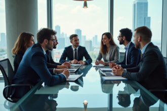 Groupe de professionnels en réunion d'affaires en salle moderne