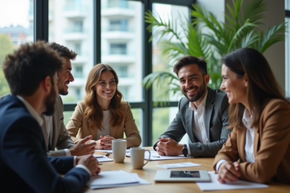 Groupe de professionnels au bureau partageant un moment convivial