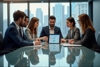 Groupe de professionnels en réunion dans un bureau moderne