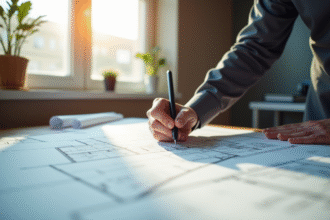 Espace de travail professionnel avec un architecte analysant un plan