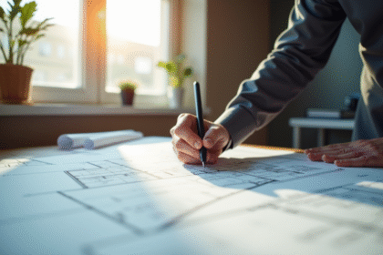 Espace de travail professionnel avec un architecte analysant un plan