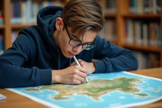 Étudiant en géographie mesurant des surfaces sur une carte topographique imprimée dans une bibliothèque universitaire