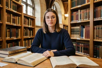 Étudiante en bibliothèque universitaire consultant des archives historiques pour ses travaux de recherche