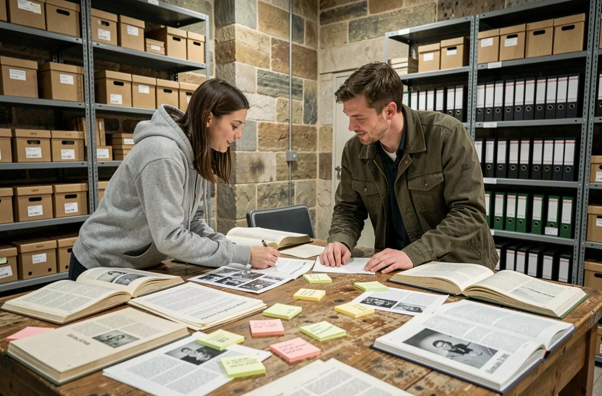 Deux étudiants en master travaillant ensemble sur des documents d'archives dans une salle de consultation universitaire